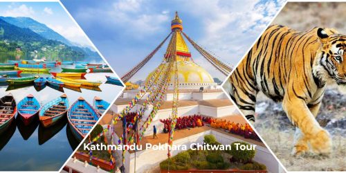 Kathmandu Pokhara Chitwan tour featuring temples, Himalayan views, Phewa Lake, and wildlife safari in Chitwan National Park.