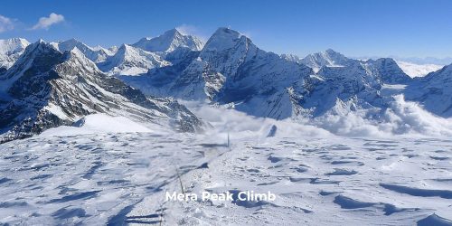 "Mera Peak Climb with glacier trekking, snowy mountain routes, and panoramic views of Everest and the Himalayas."