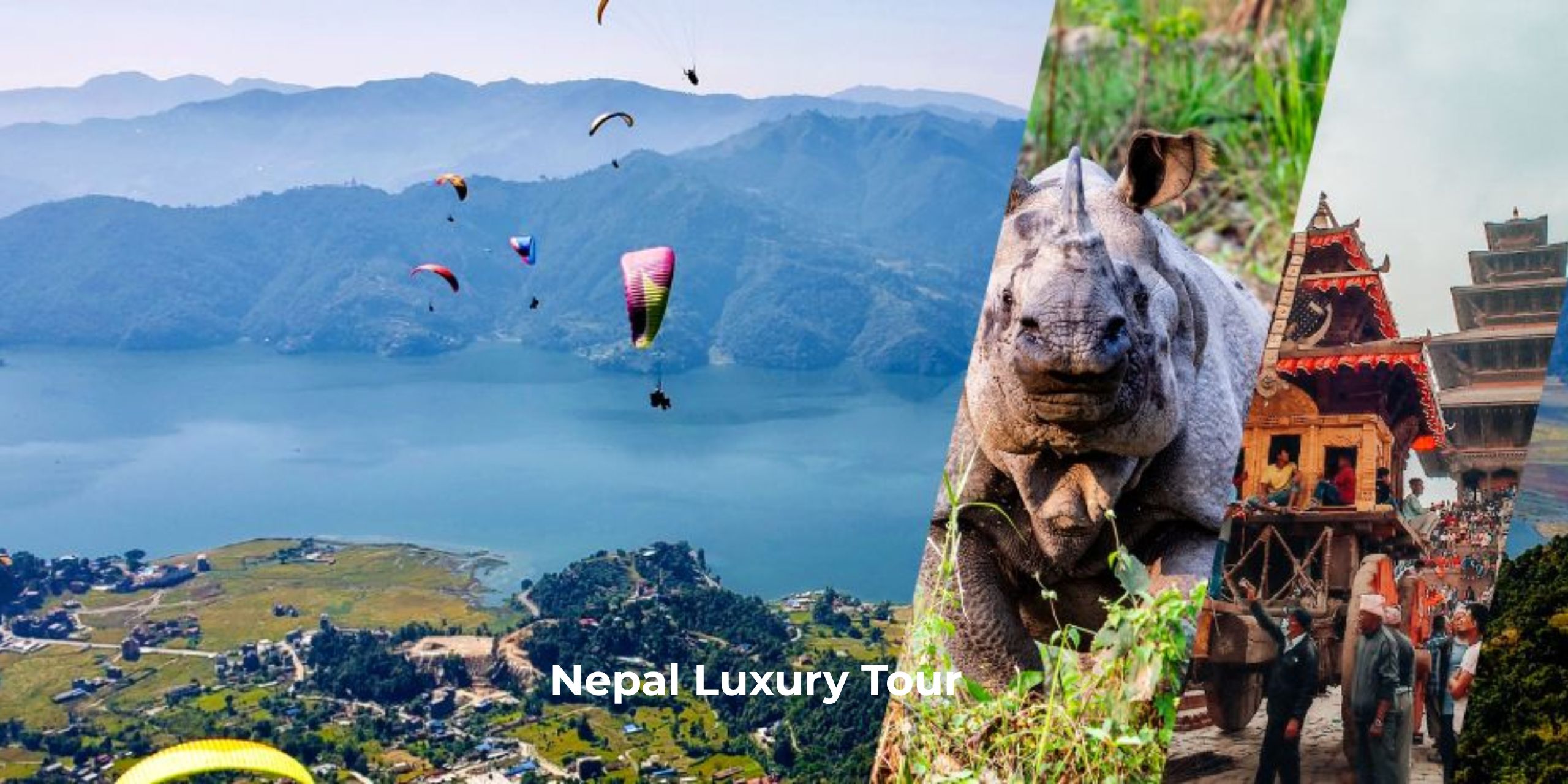 Luxury travelers enjoying a guided tour of Nepal with Himalayan mountain views in the background.